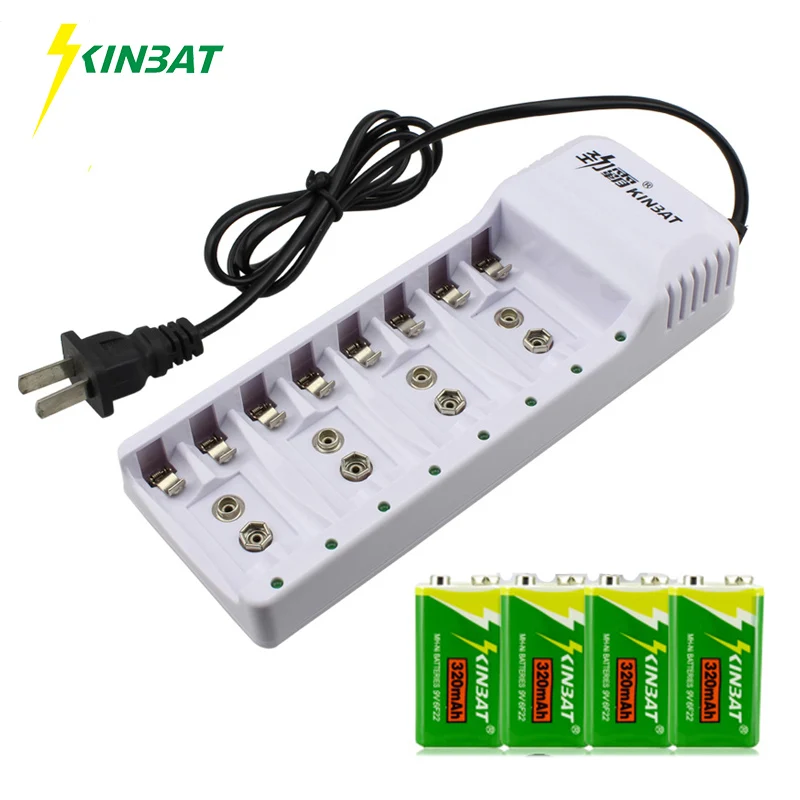 

KINBAT 4pcs 9V 320mAh Ni-MH Rechargeable Battery 9 Volt NiMH Battery With 8 Slots Batteries Charger For Instrument Multimeter