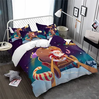 

Cartoon Christmas Bedding Set Colorful Santa Sleigh Print Duvet Cover Festival Gift Bed Cover Snow Moon Printed Bedclothes 3Pcs