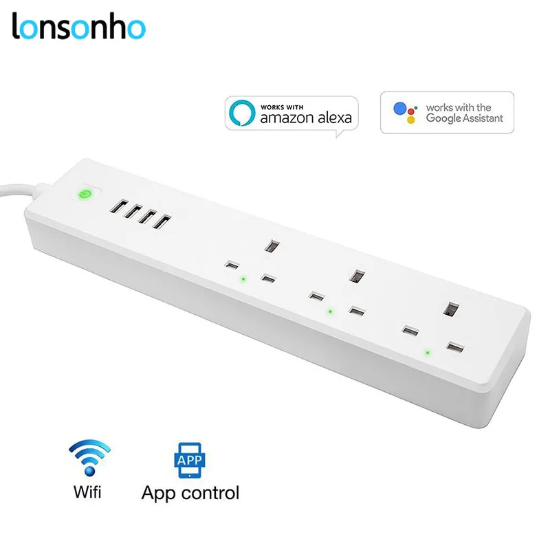 

LonSonHo wifi smart power strip surge protector UK plug 3 AC outlets 4 USB ports smart home modules Alexa google home Assistant