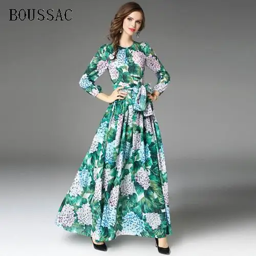 

Spring Runway Maxi Dress Women's Long Sleeve Vintage Floral Printed Party Prom Long Dress Bow Tie Lace Up A-Line Autumn Dress