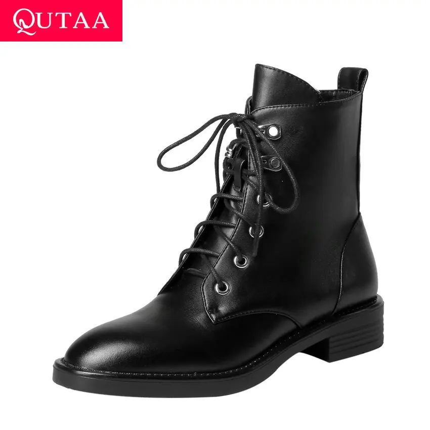 

QUTAA 2020 Platform Lace Up Round Toe Leisure All Match Women Short Boots Winter Cow Leather Low Heel Fashion Shoes Size 34-39