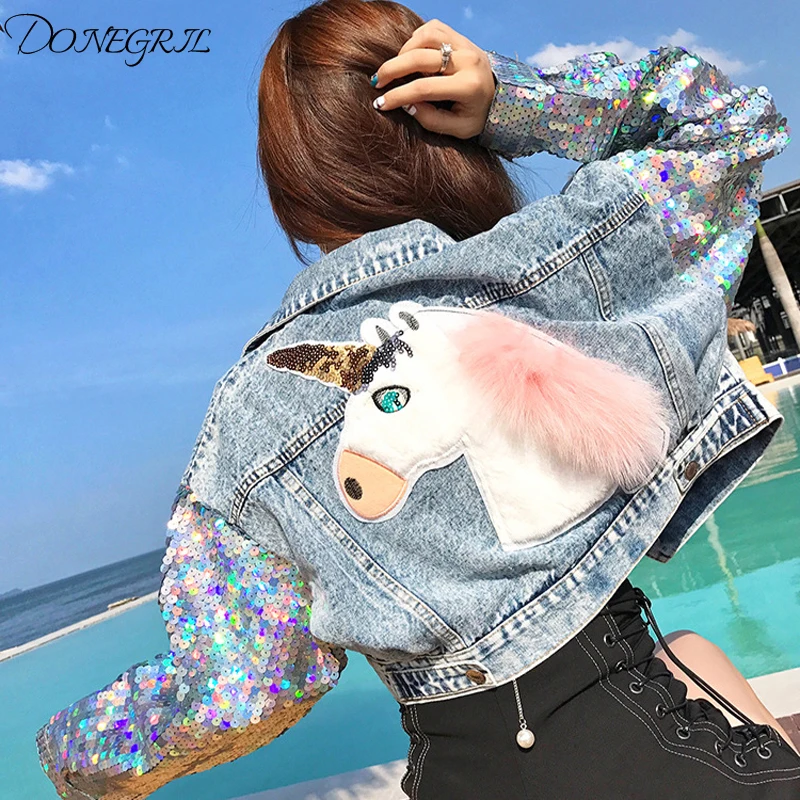 

2019 New Korean Kawaii Unicorn Embroidery Sequin Women Jacket Spring Autumn Cropped Denim Jacket Female Basic Jean Coat Top