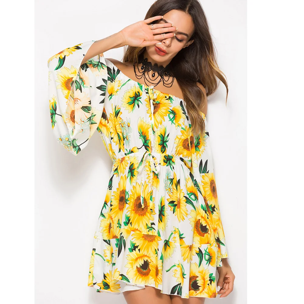 

Off Shouler Floral Flower Print Women Dress 2019 Slash Neck Summer Sundress Elastic Waist Tunic Party Mini Dress Sexy Vintage