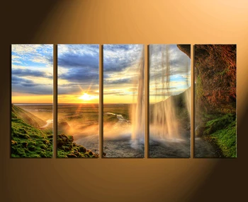 

5 Piece Canvas Art Prints, Landscape Huge Pictures, Yellow Canvas Wall Art, Sunrise Multi Panel Canvas, Waterfall Huge Painting