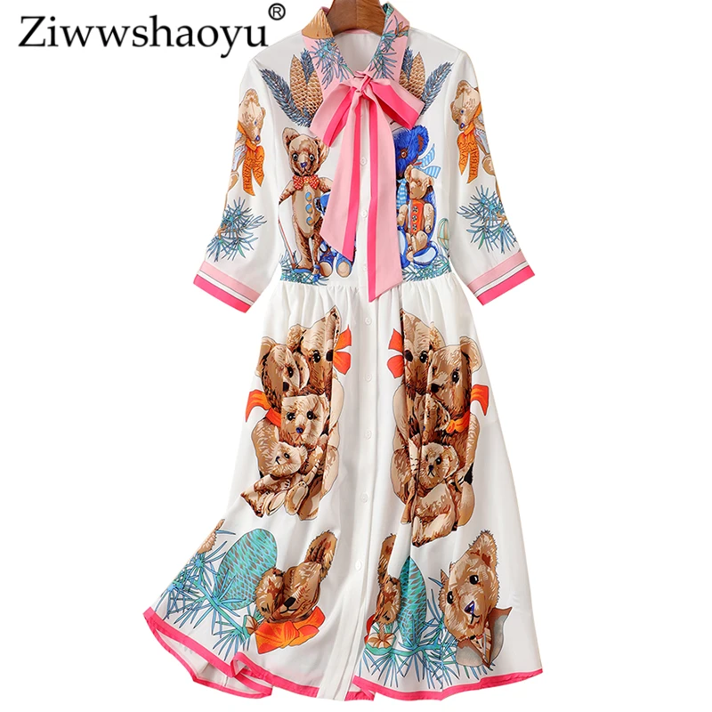

Ziwwshaoyu Fashion Cartoon Print dresses Turn-down Collar Bow elegant Knee-Length dress New women's