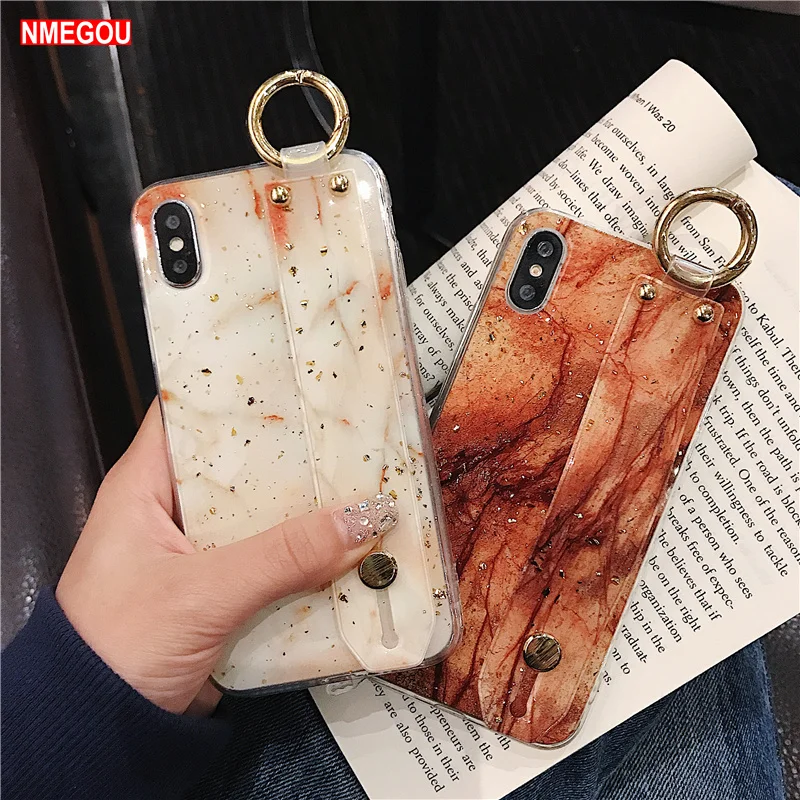 Marble Pattern Wristband Gold Foil Grip Strap Case for IPhone X XR XS Max 8 7 6 6S Plus 7Plus 10 Ring Holder Soft TPU Back Cover |