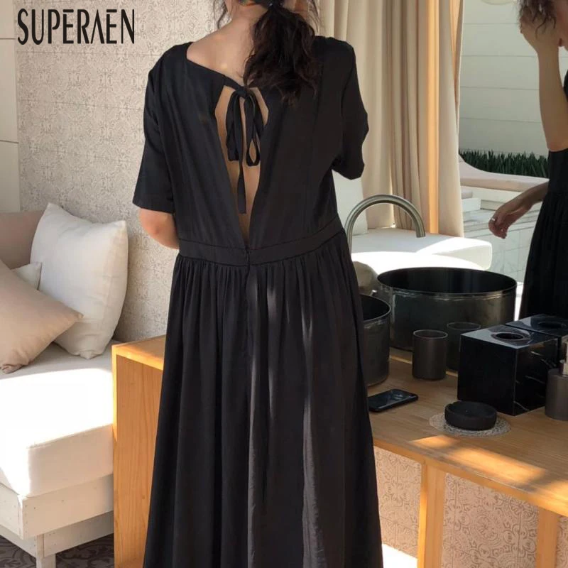 

SuperAen 2019 New Summer Dress Korean Style Cotton Fashion Casual Ladies Dress Short-sleeved Solid Color Women Clothing