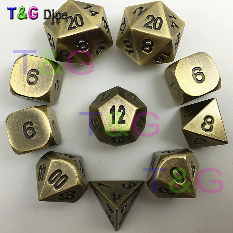 Латунь Цвет металлические игральные кубики d4 3xd6 d8 d10 d12 2xd20 dnd RPG цифровой с железная коробка для подарка 10 шт./компл