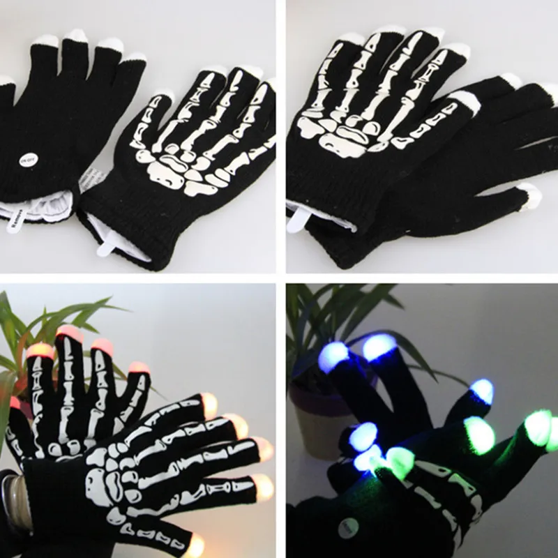 1pair Black Skeleton LED Gloves Fingers Light Up toy Hip Hop Fashion