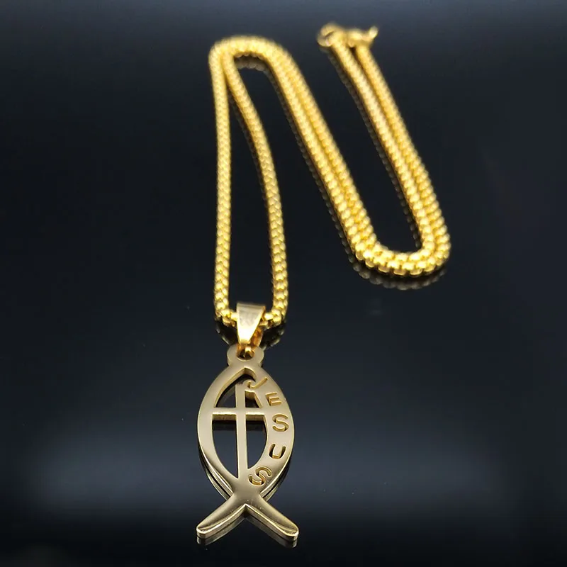 Gold Ichthys Jesus fish cross necklace for women and men, Christian pendant jewelry on product display.