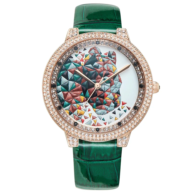 FUYIJIA новые модные женские часы женские Relogio Feminino с кожаным ремешком кварцевые часы 3D стерео Гепард горный хрусталь женские часы - Цвет: Green