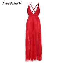 Livre Avestruz Vestido Maxi Outono Mulheres Elegante Hetero Partido Clubwear Vestido 2018 SexySleeveless Com Decote Em V do Tornozelo-Comprimento Vestido A3030