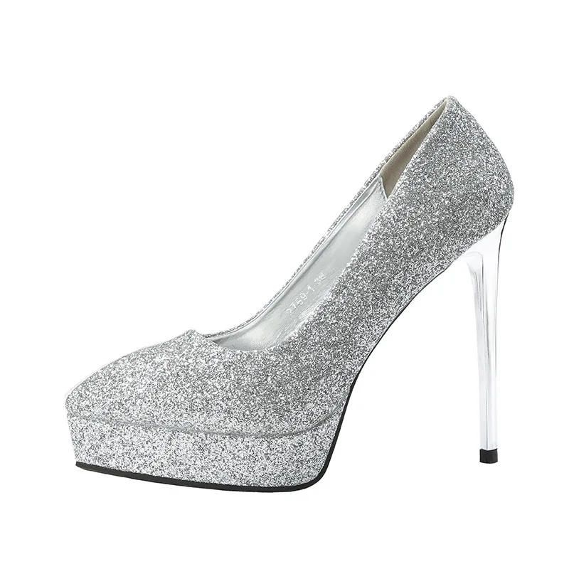 

2019 spring and autumn new waterproof platform pointed sequins high heel stiletto women's shoes silver 0510