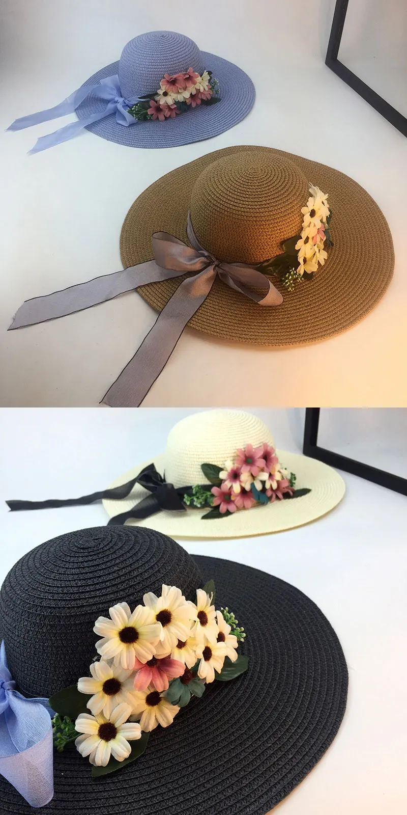Новые женские шляпы от солнца, дышащие соломенные кепки для гольфа, Женская пляжная шляпа, свежий цветочный бант,, распродажа