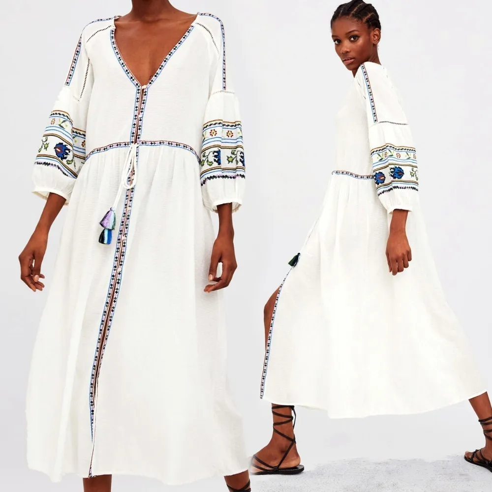 

2019 Summer Fashion Women Vintage Hippie Ethnic V Neck Dresses Lantern Sleeve Embroidery Flower Loose Casual White Boho Dress