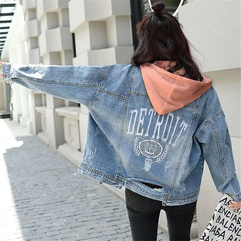 

Detachable Hooded Denim Jacket Women Letter Embroidery Hollow Hole Jean Coat Women Casual Loose Denim Jackets Spring Autumn 2019