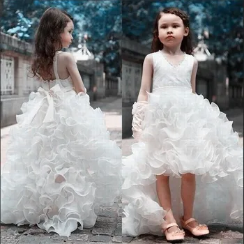 

Unique Charming Flower Girl Dress For Wedding with Bow Beading High Low Dress For Princess Backless Pageant Gowns for 2-16 Y