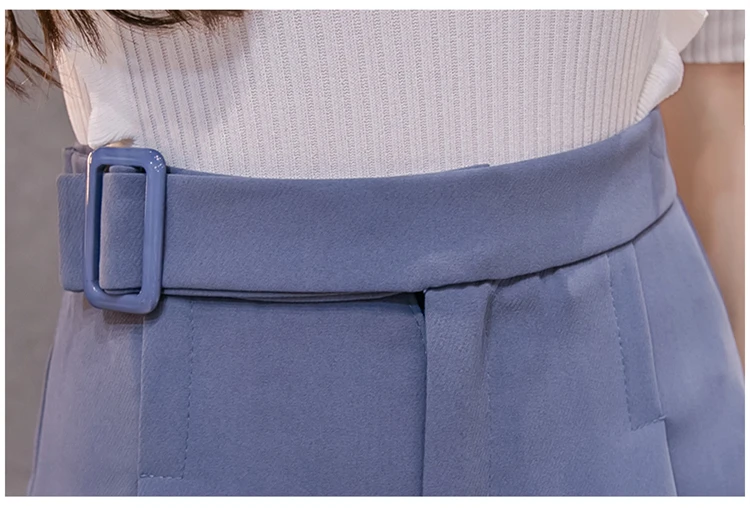 2019 летние Высокая Талия Для женщин Шорты-юбки модная уличная синий черный, белый цвет короткие Femme имитация ремня широкие брюки женские