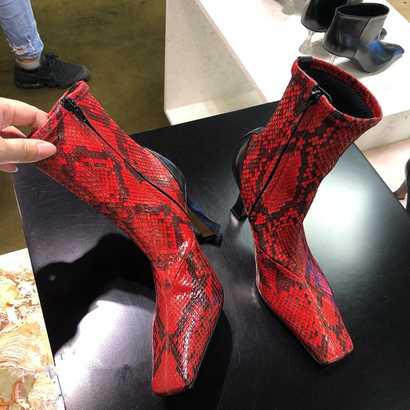 

New Woman Red Python Leather Patchwork Ankle Boots Girl's Snakeskin Plush Strange Heels Winter Square toe Ankle Boots Shoes