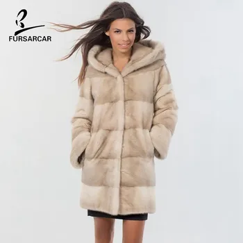 

FURSARCAR Khaki Real Mink Fur Women Hooded Winter Coat Genuine Natural Fur Long Thick Jacket For Femme 2019 New Luxury Garment