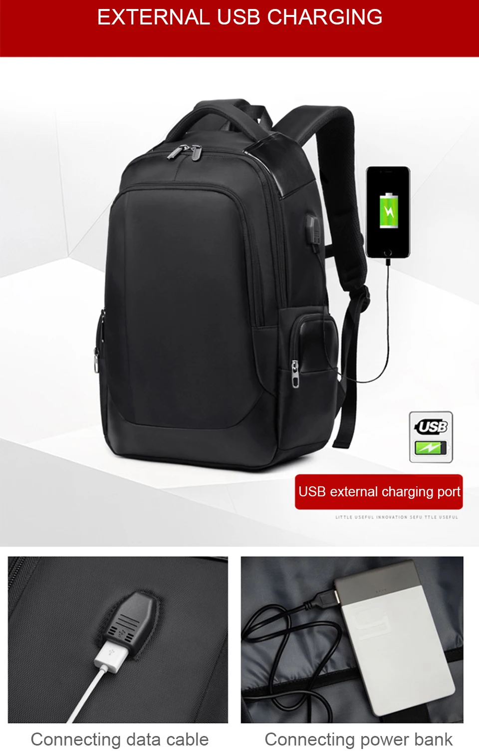2 Business Men Backpack External USB Backpacking Waterproof School 15.6'' Laptop Travel Bagpack 20L Large Capacity Male Back Pack