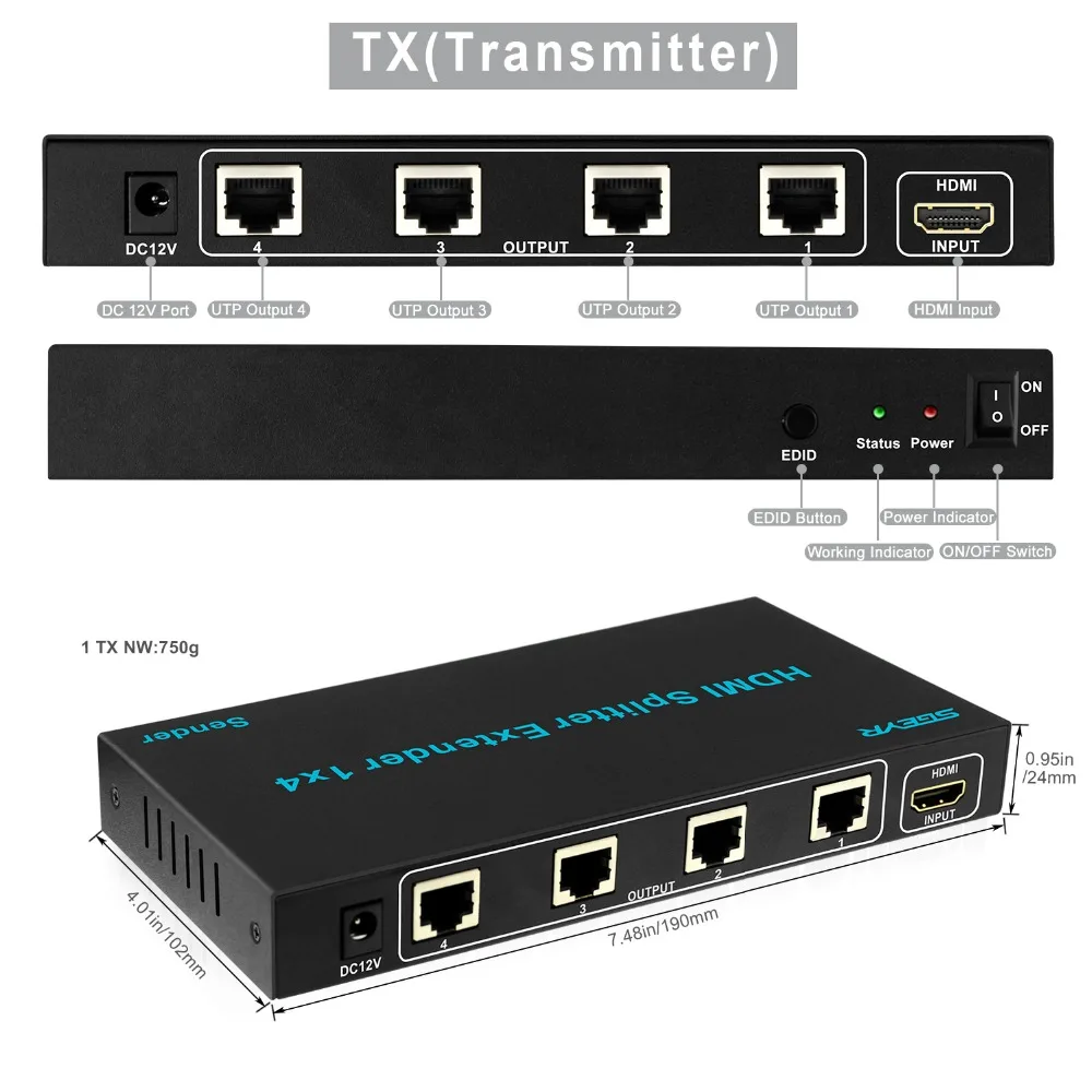 4 порта HDMI удлинитель 4k 60m 196ft 1080p1x4 разветвитель по UTP CAT5e/Cat5/Cat6 Ethernet кабель (1x