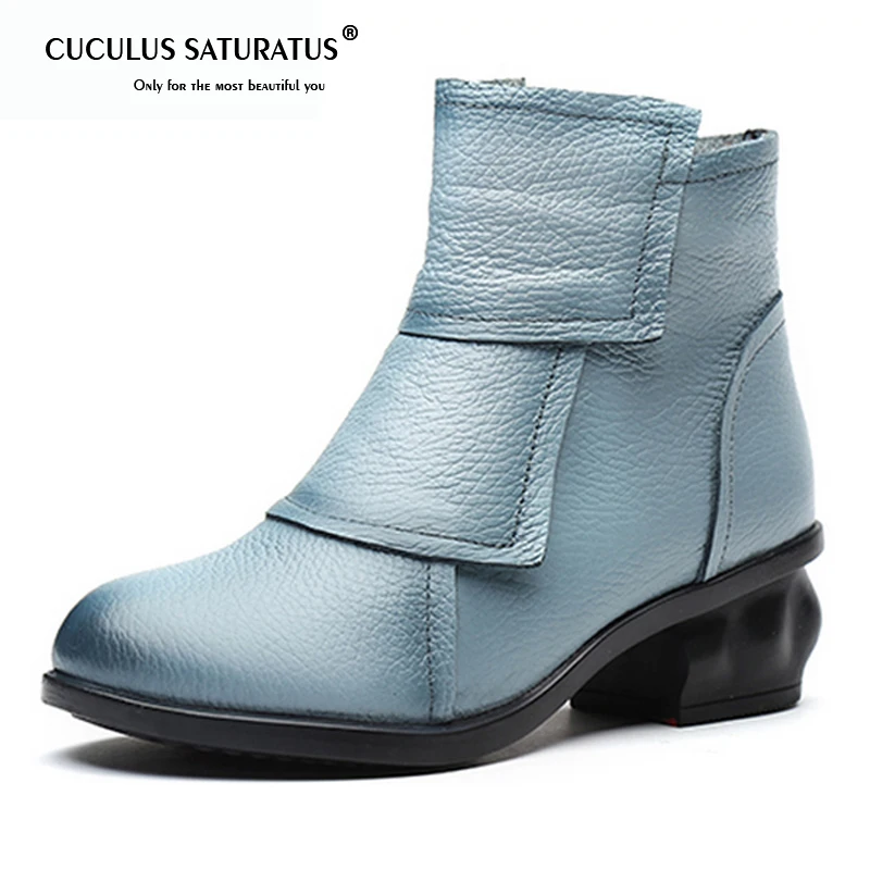 

Cuculus 2019 Folk Style Genuine Leather Women Boots with Ankle Round Toe Mid Heels Short Boots Female Warm Winter Shoes 1722