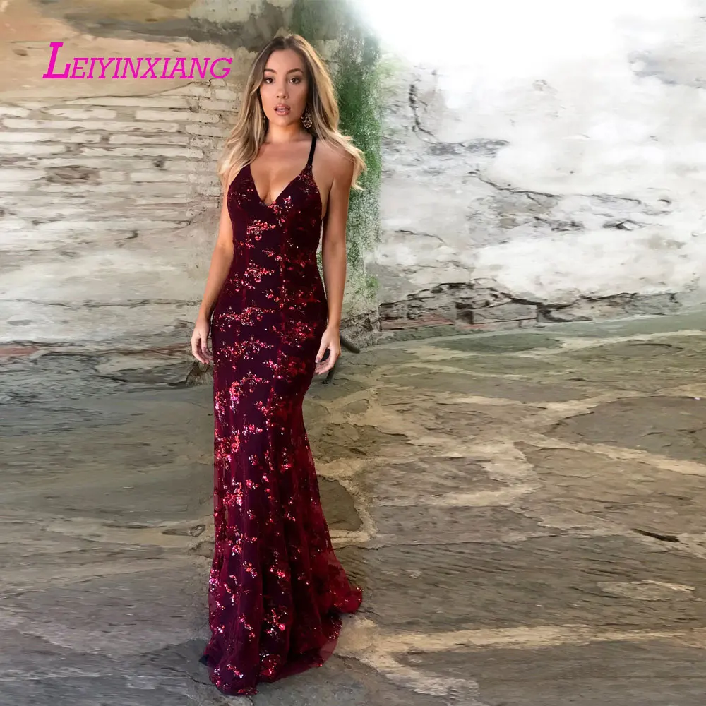 

LEIYINXIANG New Arrival Evening Dress Sexy Trumpet Vestido de Festa V-Neck Backless Appliques Lace Custom Made Acetate Popular