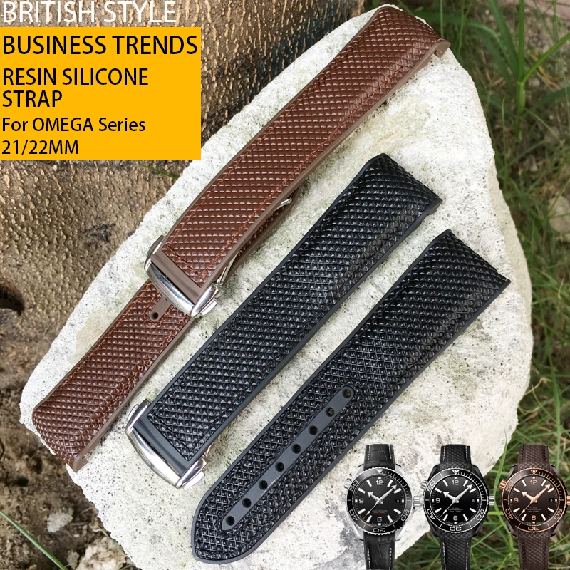

21mm 22mm Surface Plastic Bottom Silicone Watch Strap Folding Buckle Watchband for Omega Seamaster Speedmaster DE VILLE Watch