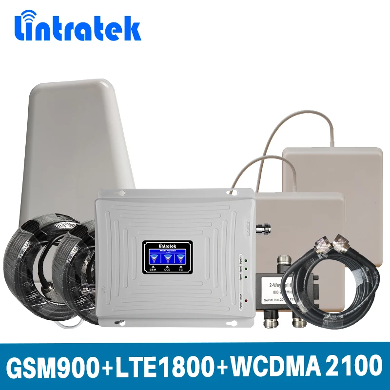 

Lintratek Tri Band 2G 3G 4G for GSM 900+LTE 1800+WCDMA 2100MHz Mobile Signal Booster Amplifier Set with 2 indoor Antenna @5.4