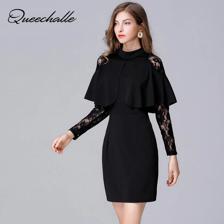 

Queechalle Fashion Big Size Elegant Lace Dress 2019 Autumn Women's Cloak Long Sleeve Sexy Hollow Out Slim Dress 5XL Plus Size