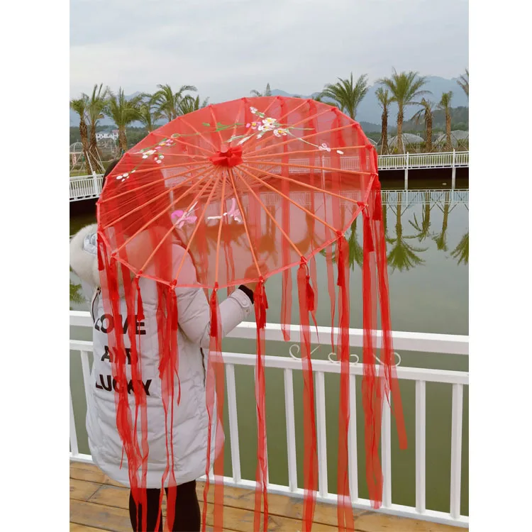Реквизит зонтик для женщин лента кисточки древний костюм зонтик Cheongsam Hanfu шоу Зонтик Классический шелковый танец зонтик