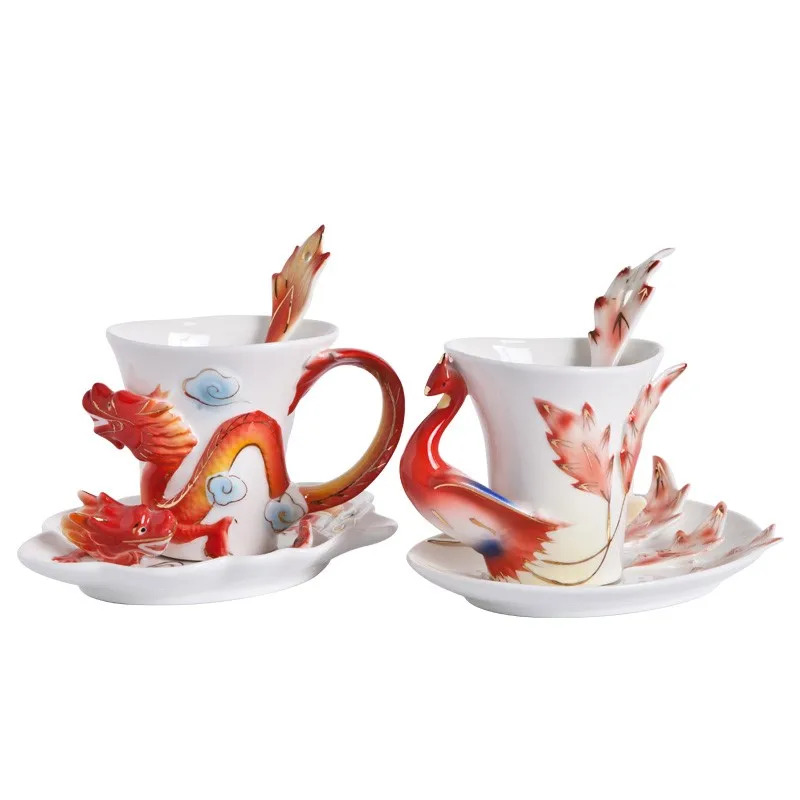 

Coffee Cup Creative Mug Bone China 3D Color Enamel Porcelain Saucer Spoon and Cover Coffee Ceramic Tea Sets