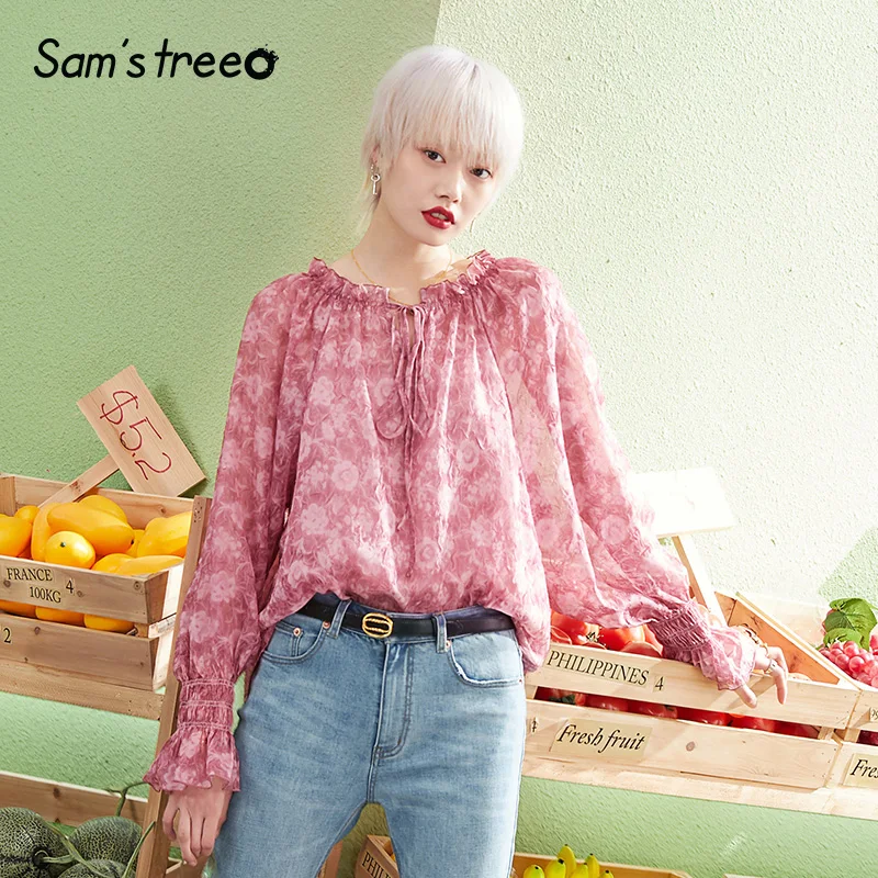 

Sam's Tree Women Floral Blouses Design Vintage Plus Size Slash Neck Blouse Shirt for Work Retro Oversize Butterfly Sleeve Blouse