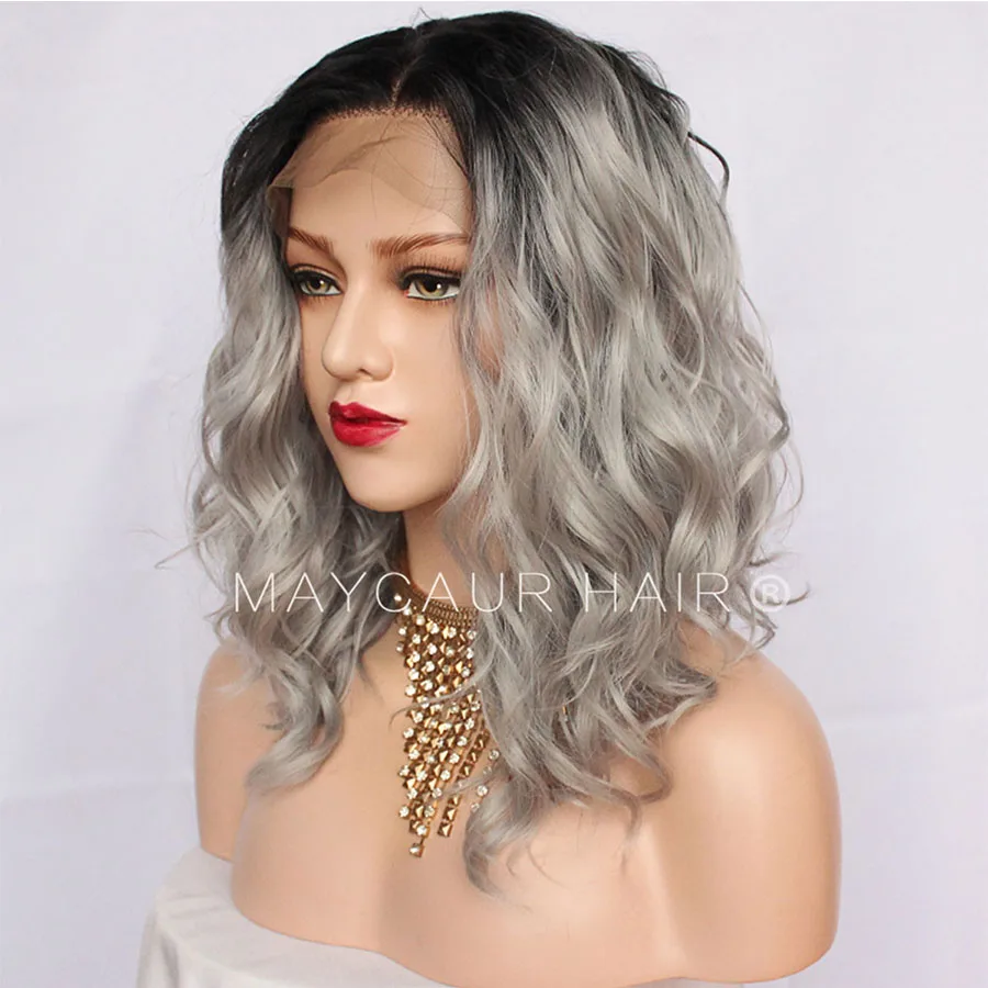 Maycaur Hair Lace Front Synthetic Wigs Short Curly Heat Resistant Hair Black Gray Wig with Baby Hair for Women ( B (4)