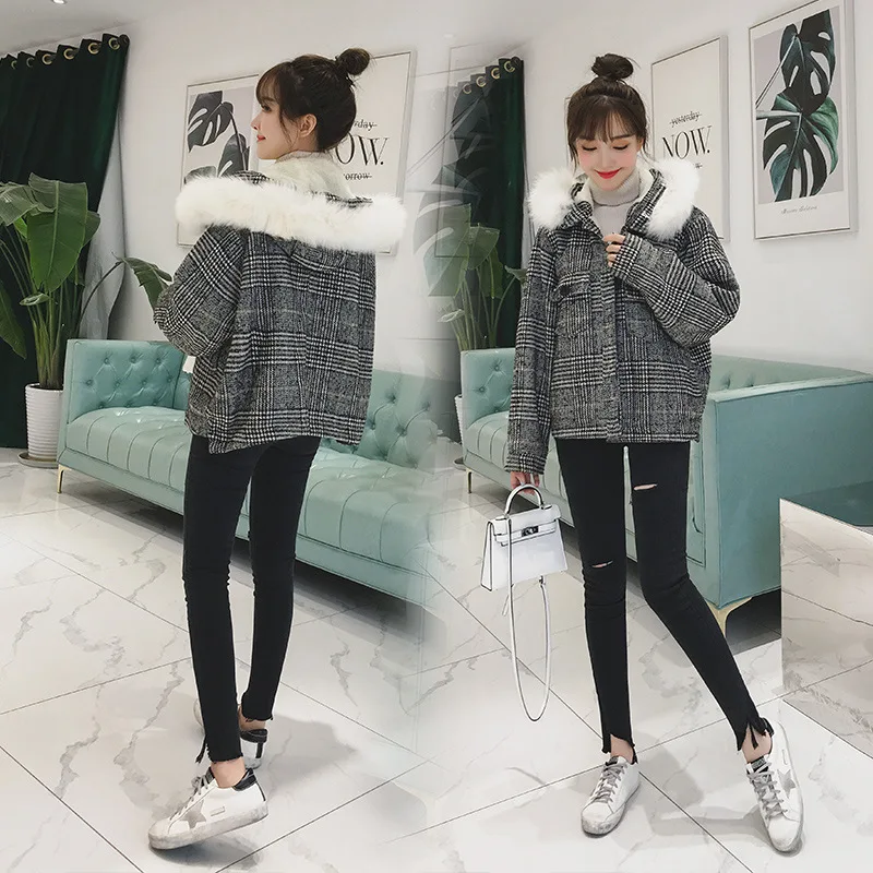 Женское Короткое шерстяное пальто abrigos mujer invierno утолщенное в клетку с поясом зима