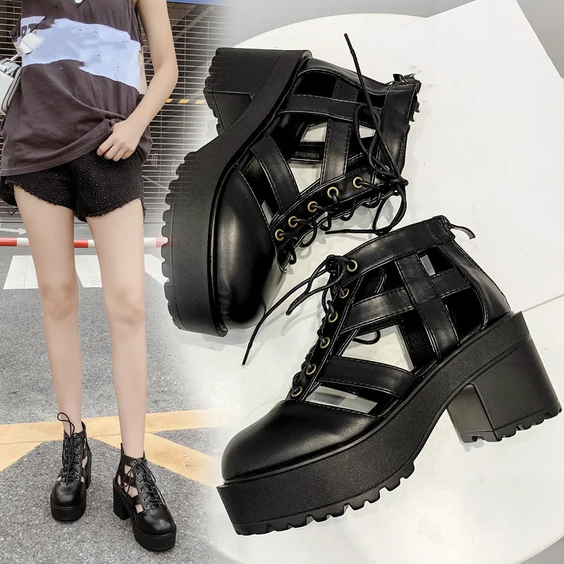 

YMECHIC New 2019 Hot Selling Fashion Summer Platform Sandals Women Basic Cover Heel Ladies Shoes Rome Lacing Black Shoes Woman