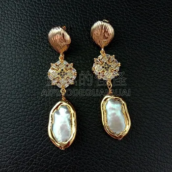 

E092604 White Biwa Pearl 24K Golden Plated Cz Pave Earrings