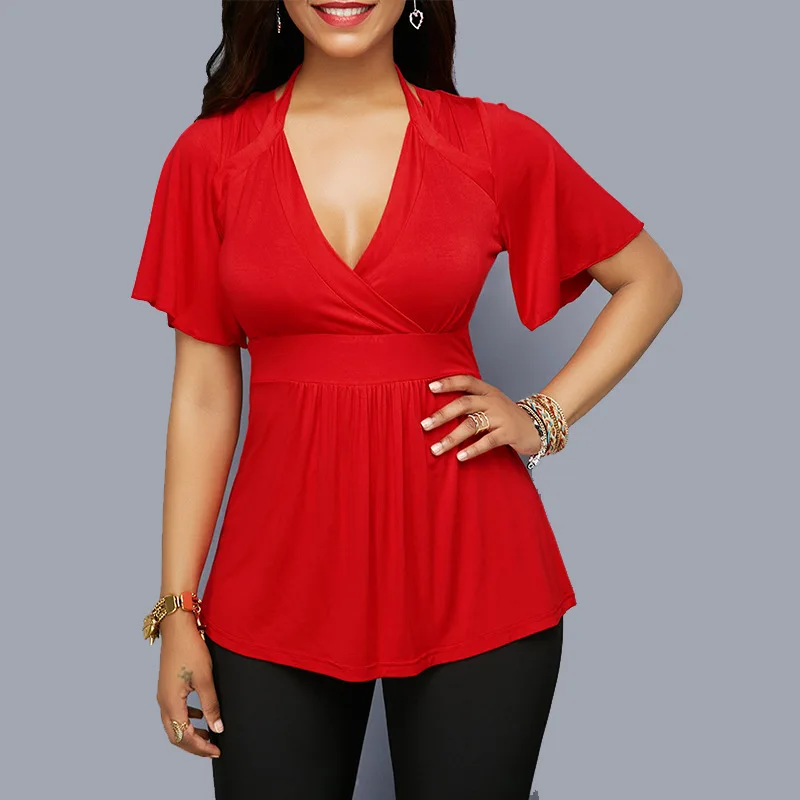 2019 summer solid color was thin and deep V tie with hanging neck women's shirt