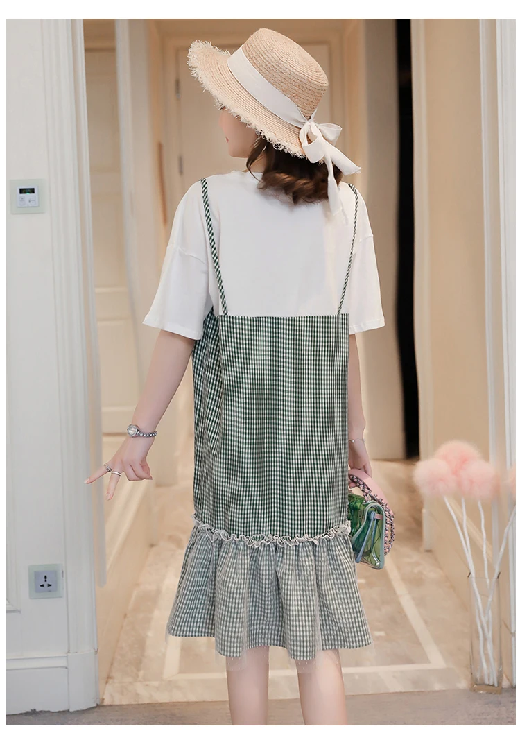 Корейская версия нового клетчатая прошитая ruffled fake two-piece dress fashion с коротким рукавом юбка для беременных