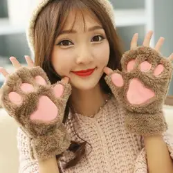 Зимние женские милые плюшевые перчатки с рисунком медведя и лапы с половинными пальцами для девочек, модные теплые перчатки без пальцев с
