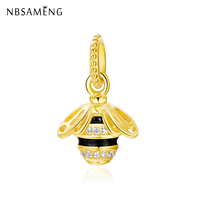 

100% 925 Sterling Silver Bead Charm Golden Color Dangle Queen Bee Charms Fit Pandora Bracelets Women DIY Jewelry Making Gift