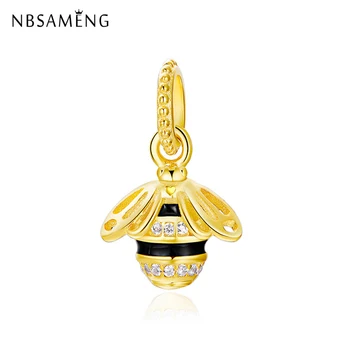

100% 925 Sterling Silver Bead Charm Golden Color Dangle Queen Bee Charms Fit Pandora Bracelets Women DIY Jewelry Making Gift
