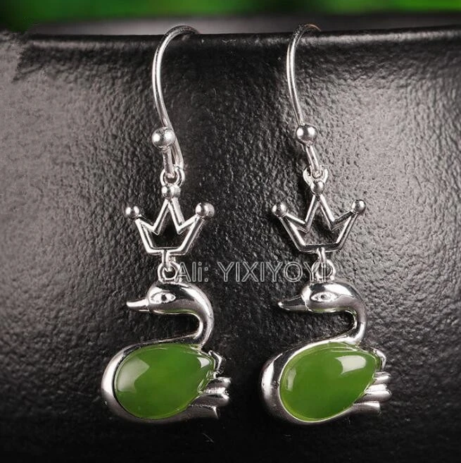 

Beautiful 925 Silver Green HeTian Jade Beads Inlay Cute Swan Drop Dangle Earrings Girl's Lucky Charm Ear Jewelry Certificate