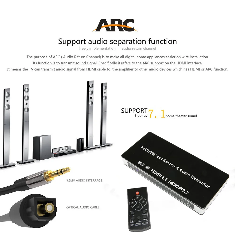 UHD 4K 4 вход 1 выход HDMI 2,0 переключатель коробка 4x1 HDMI переключатель аудио экстрактор с ARC и ИК-управлением для PS3 PS4 Apple tv HD tv
