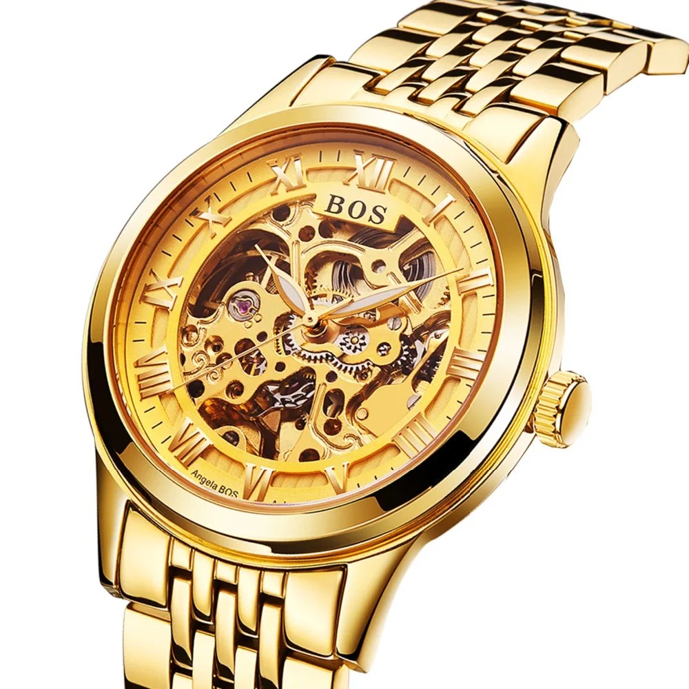 Relogio Masculino أنجيلا BOS الذهب الهيكل العظمي التلقائية ووتش رجالي للماء الفاخرة مضيئة العسكرية الميكانيكية ساعة معصم ساعة