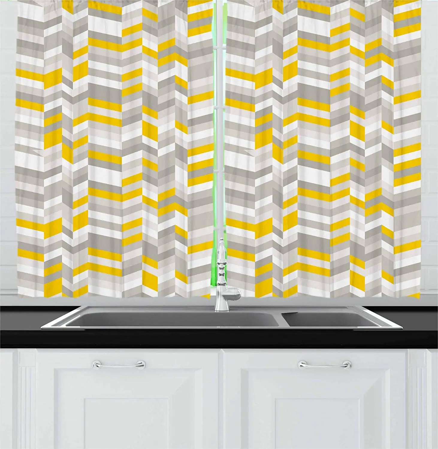 

Grey and Yellow Curtains Geometric Vintage 60s Home Pattern Inspired Herringbone Zig Zag Lines Window Drapes for Living Room