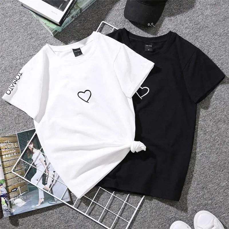 Summer Couples Lovers T-Shirt For Women Men Casual White Tops Tshirt Women T Shirt Love Heart Embroidery Print T-Shirt Female Summer Couples Lovers T-Shirt For Women Men Casual White Tops Tshirt Women T Shirt Love Heart Embroidery Print T-Shirt Female