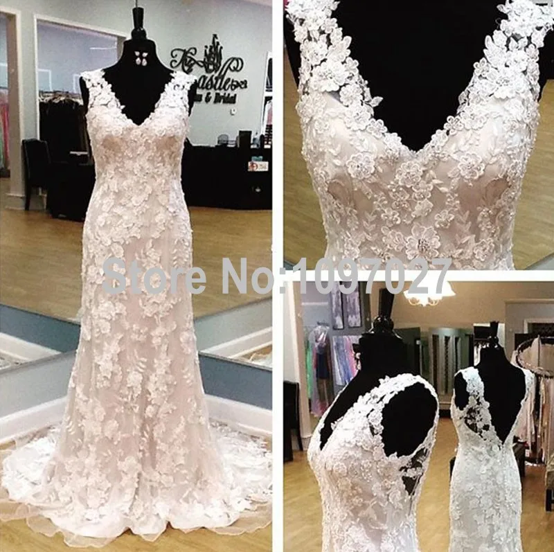 Mermaid V Neck Lace Appliqued Vestiti Da Sposa Vintage Sweep Train Vestido De Noiva Sereia With