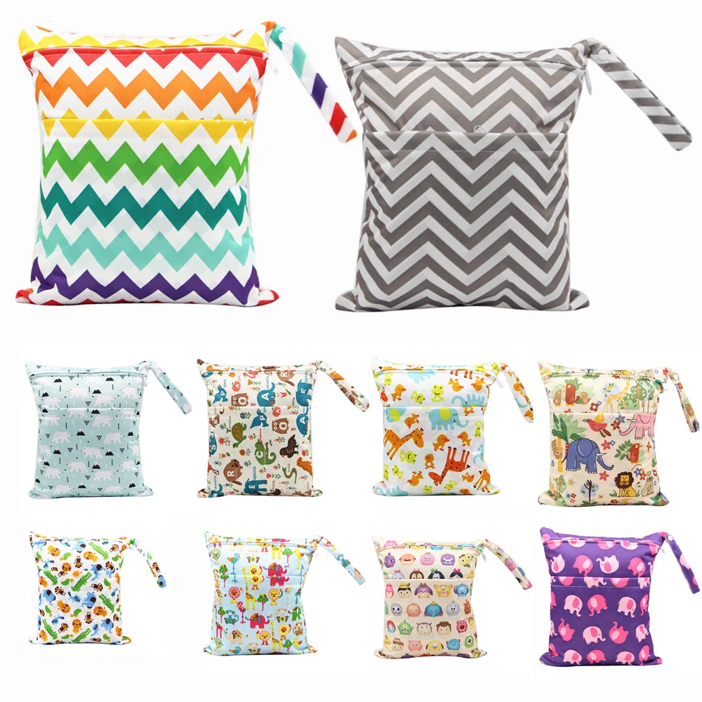 

Baby Double Pocket Diaper Bag Double Zipper Cartoon Waterproof Wet Dry Diaper Bag Cloth Handle Wet Bags Diaper Mummy Bag 30*37cm